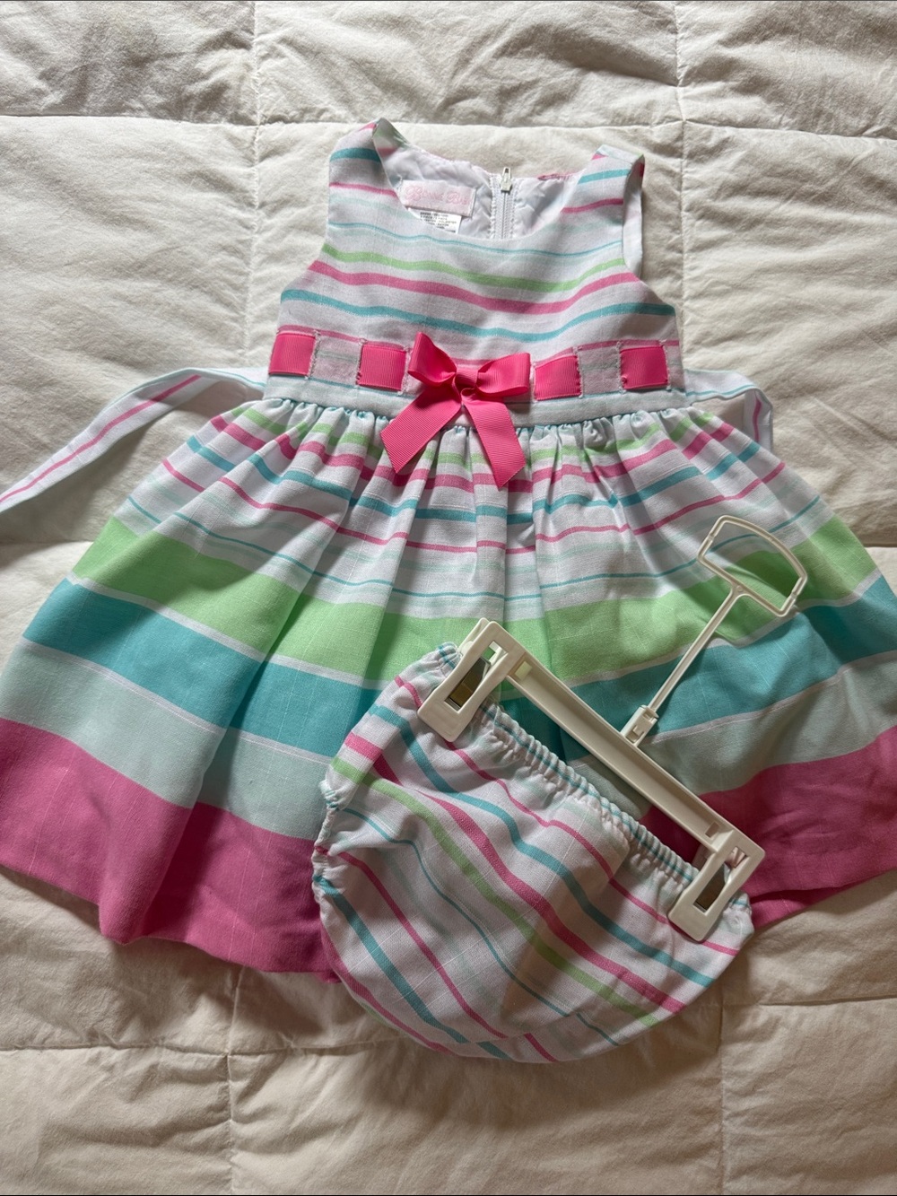 Bonnie Baby Pastel Striped Dress with Pink Bow and Matching Diaper Cover